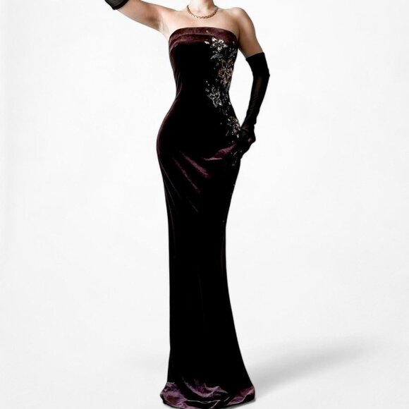 Vintage Brown Velvet Strapless Floral Beaded Sequin Maxi Bodycon Prom Dress M/L - Picture 1 of 7